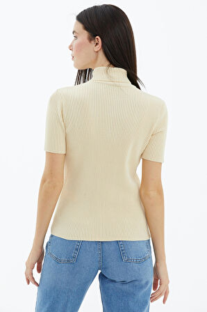 Tam Balıkçı Yaka Kısa Kollu Triko Kazak  - Krem