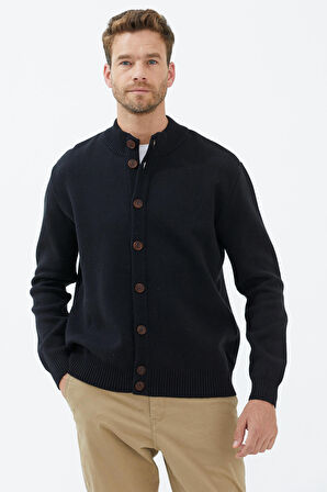 Dik Yaka Düğmeli Triko Hırka  - Siyah