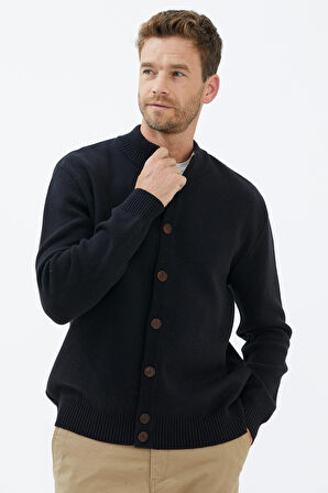 Dik Yaka Düğmeli Triko Hırka  - Siyah