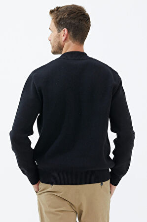 Dik Yaka Düğmeli Triko Hırka  - Siyah