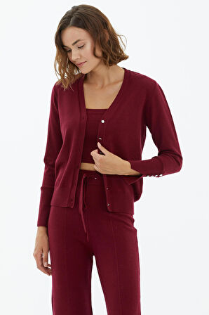 İçi Croplu Üçlü Triko Takım  - Bordo