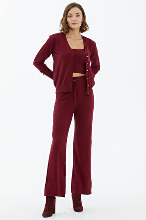 İçi Croplu Üçlü Triko Takım  - Bordo