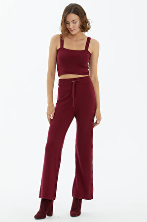 İçi Croplu Üçlü Triko Takım  - Bordo