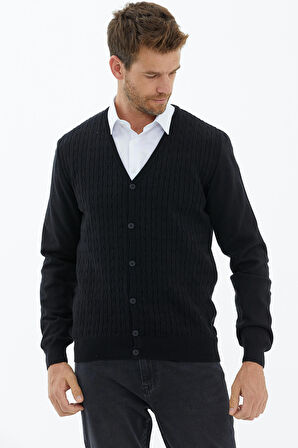 Süet Garnili Saç Örgülü Triko Hırka  - Siyah