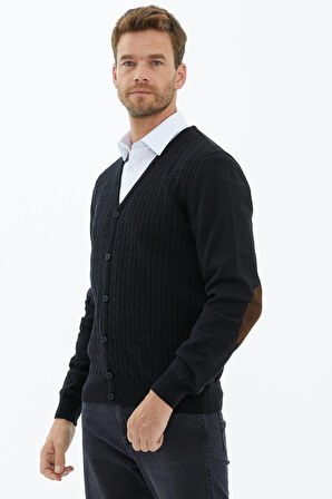 Süet Garnili Saç Örgülü Triko Hırka  - Siyah