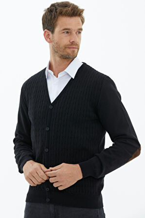 Süet Garnili Saç Örgülü Triko Hırka  - Siyah