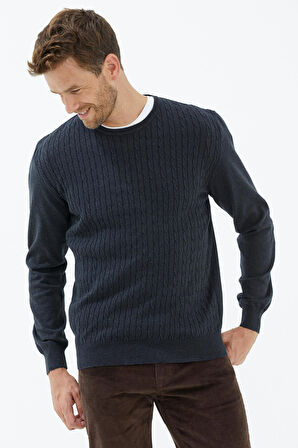 Süet Garnili Saç Örgülü Triko Kazak  - Antrasit