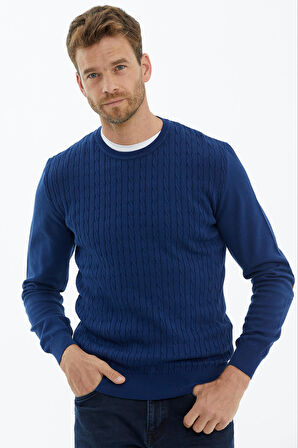 Süet Garnili Saç Örgülü Triko Kazak  - Lacivert