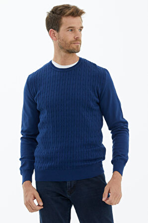 Süet Garnili Saç Örgülü Triko Kazak  - Lacivert