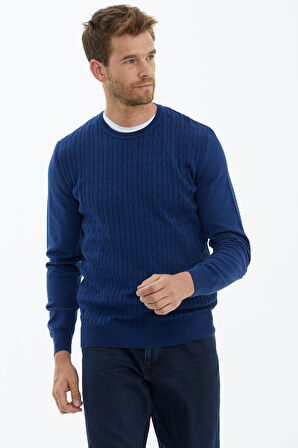 Süet Garnili Saç Örgülü Triko Kazak  - Lacivert