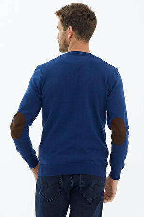 Süet Garnili Saç Örgülü Triko Kazak  - Lacivert