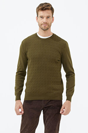 Süet Garnili Saç Örgülü Triko Kazak  - Yeşil