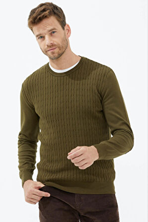 Süet Garnili Saç Örgülü Triko Kazak  - Yeşil