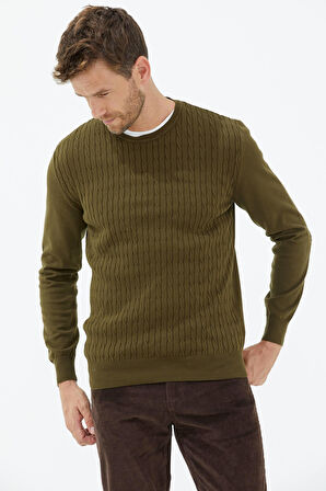 Süet Garnili Saç Örgülü Triko Kazak  - Yeşil