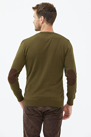 Süet Garnili Saç Örgülü Triko Kazak  - Yeşil