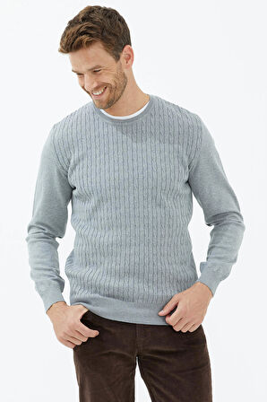 Süet Garnili Saç Örgülü Triko Kazak  - Açık Gri