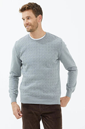 Süet Garnili Saç Örgülü Triko Kazak  - Açık Gri