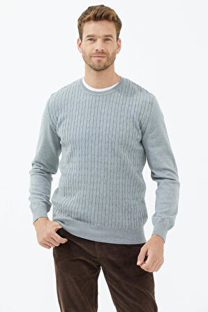 Süet Garnili Saç Örgülü Triko Kazak  - Açık Gri