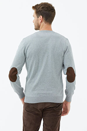 Süet Garnili Saç Örgülü Triko Kazak  - Açık Gri