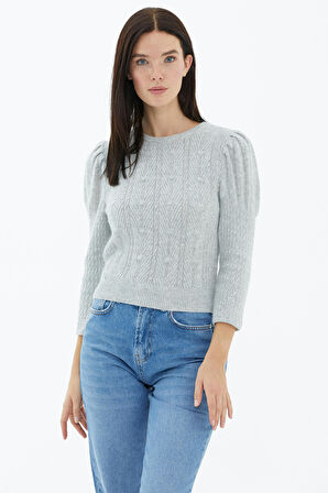 Balon Kol Saç Örgülü Triko Kazak  - Gri