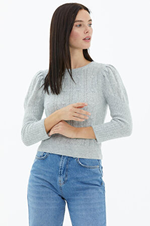 Balon Kol Saç Örgülü Triko Kazak  - Gri