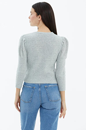 Balon Kol Saç Örgülü Triko Kazak  - Gri