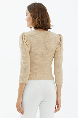 Balon Kol Saç Örgülü Triko Kazak  - Bej