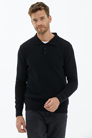 Polo Yaka Düğmeli Triko Kazak  - Siyah