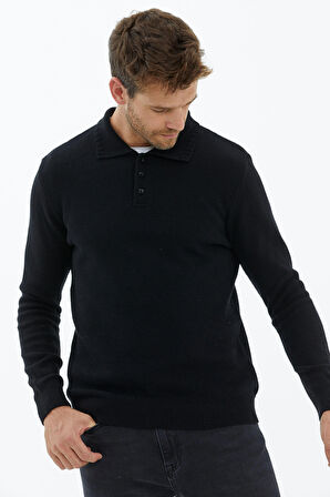 Polo Yaka Düğmeli Triko Kazak  - Siyah