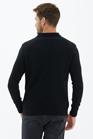 Polo Yaka Düğmeli Triko Kazak  - Siyah