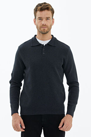 Polo Yaka Düğmeli Triko Kazak  - Antrasit