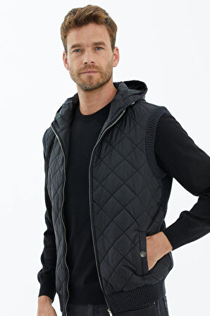 Kapitoneli Kapüşonlu Fermuarlı Triko Yelek  - Antrasit