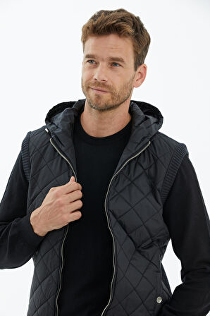 Kapitoneli Kapüşonlu Fermuarlı Triko Yelek  - Antrasit