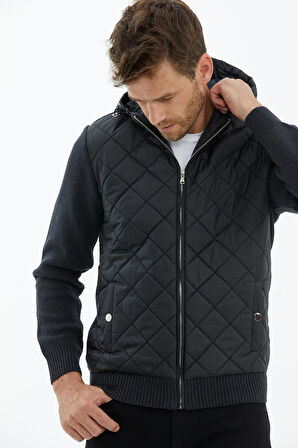 Kapüşonlu Fermuarlı Kapitone Triko Mont  - Antrasit