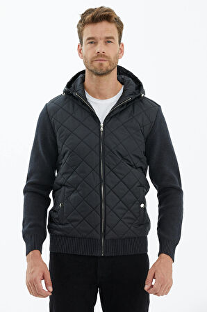 Kapüşonlu Fermuarlı Kapitone Triko Mont  - Antrasit