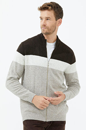 Dik Yaka Renkli Triko Hırka  - Sütlü Kahve