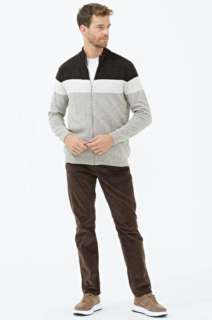 Dik Yaka Renkli Triko Hırka  - Sütlü Kahve