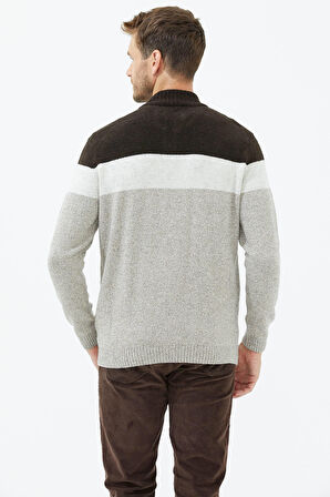 Dik Yaka Renkli Triko Hırka  - Sütlü Kahve