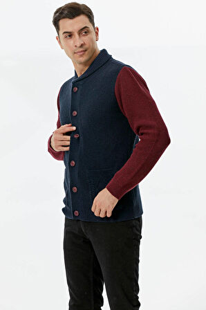 Şal Yaka Düğmeli Triko Hırka  - Lacivert - Bordo