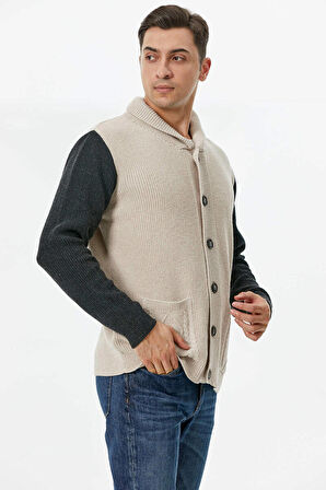 Şal Yaka Düğmeli Triko Hırka  - Bej - Antrasit