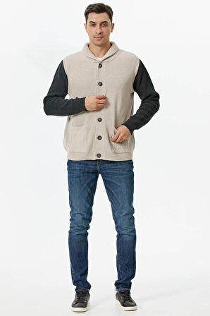Şal Yaka Düğmeli Triko Hırka  - Bej - Antrasit