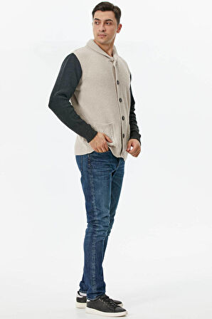 Şal Yaka Düğmeli Triko Hırka  - Bej - Antrasit