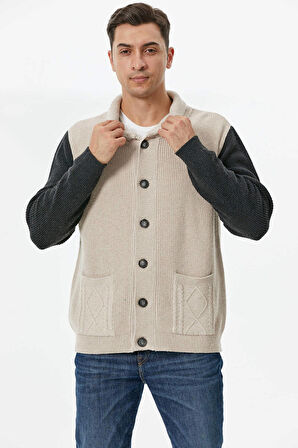 Şal Yaka Düğmeli Triko Hırka  - Bej - Antrasit