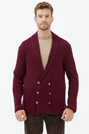 Şal Yaka Düğmeli Triko Hırka  - Bordo