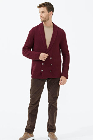 Şal Yaka Düğmeli Triko Hırka  - Bordo