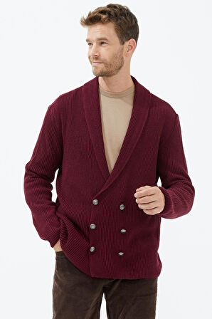 Şal Yaka Düğmeli Triko Hırka  - Bordo