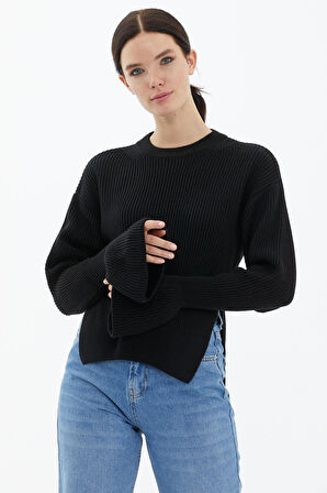 Sıfır Yaka Yırtmaçlı İspanyol Kol Tiriko Kazak  - Siyah