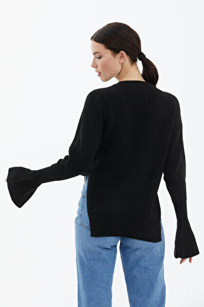 Sıfır Yaka Yırtmaçlı İspanyol Kol Tiriko Kazak  - Siyah