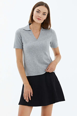 Polo Yaka Kısa Kol Triko Kazak  - Açık Gri