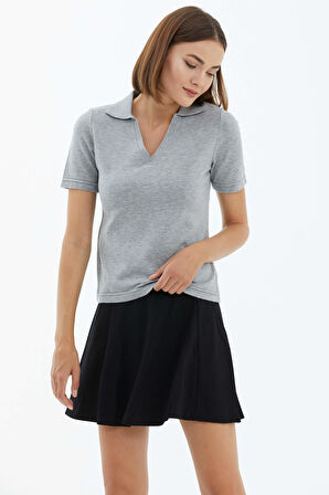 Polo Yaka Kısa Kol Triko Kazak  - Açık Gri